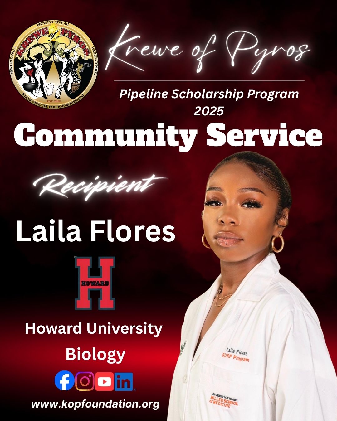 2025 Community Service Scholarship recipient Laila Flores, Howard University, Biology