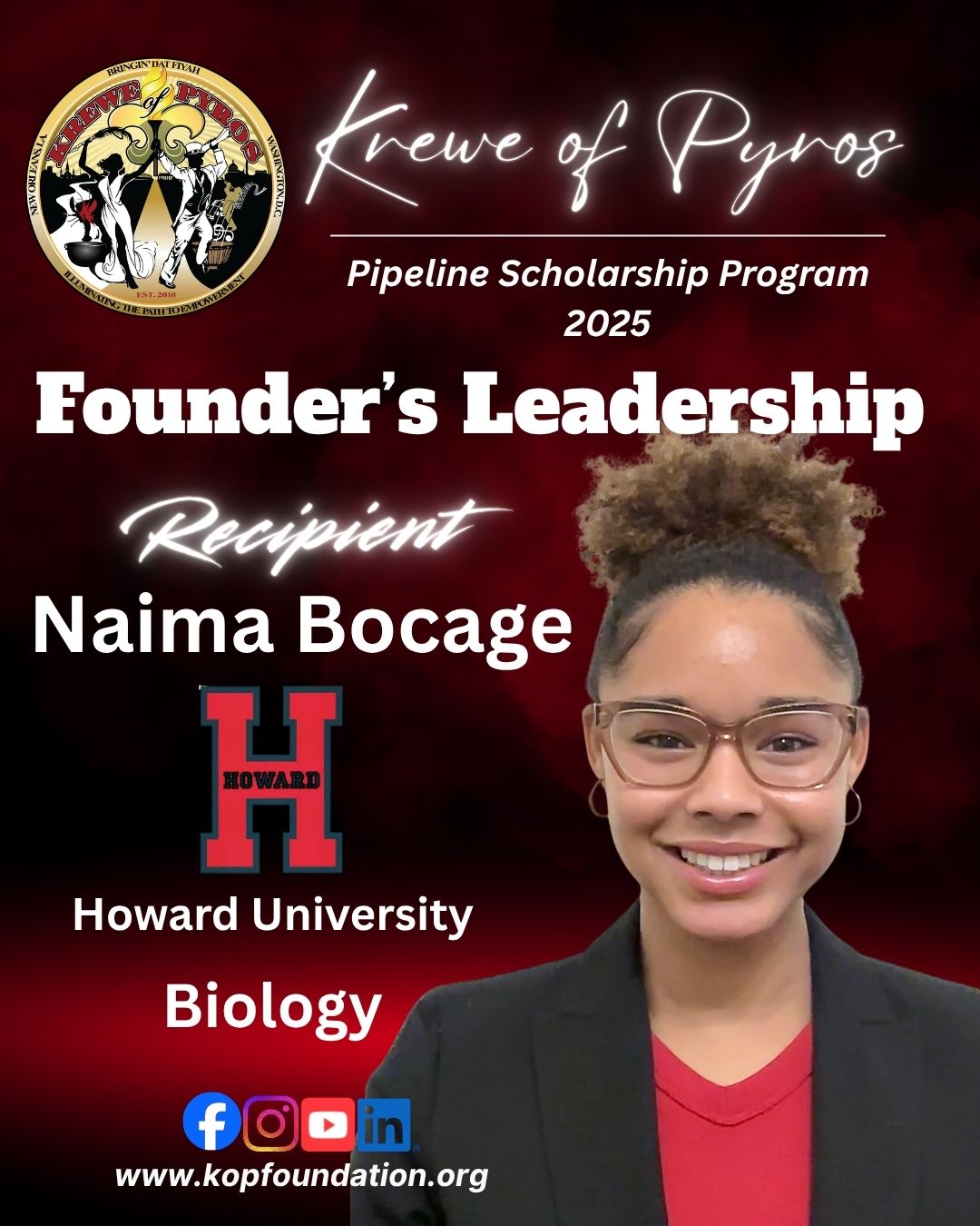 2025 Founder's Leadership Scholarship recipient Naima Bocage, Howard University, Biology