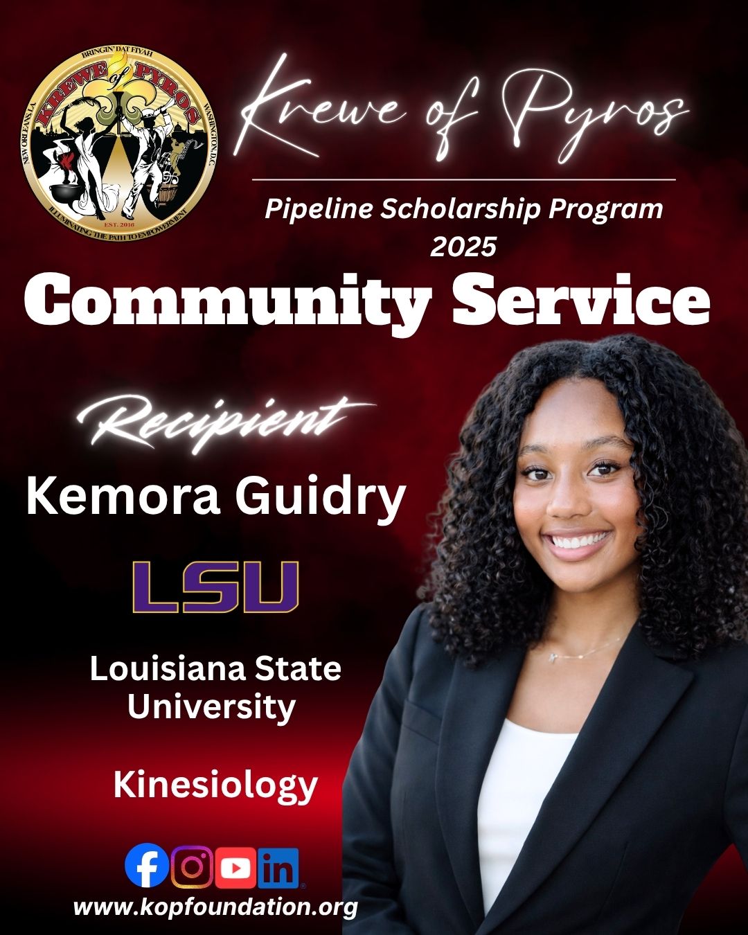 2025 Community Service Scholarship recipient Kemora Guidry, Louisiana State University, Kinesiology