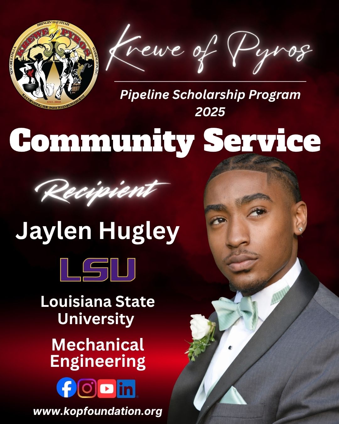 2025 Community Service Scholarship recipient Jaylen Hugley, Louisiana State University, Mechanical Engineering