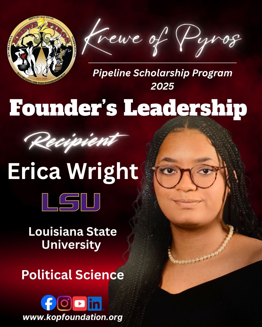 2025 Founder's Leadership Scholarship recipient Erica Wright, Louisiana State University, Political Science
