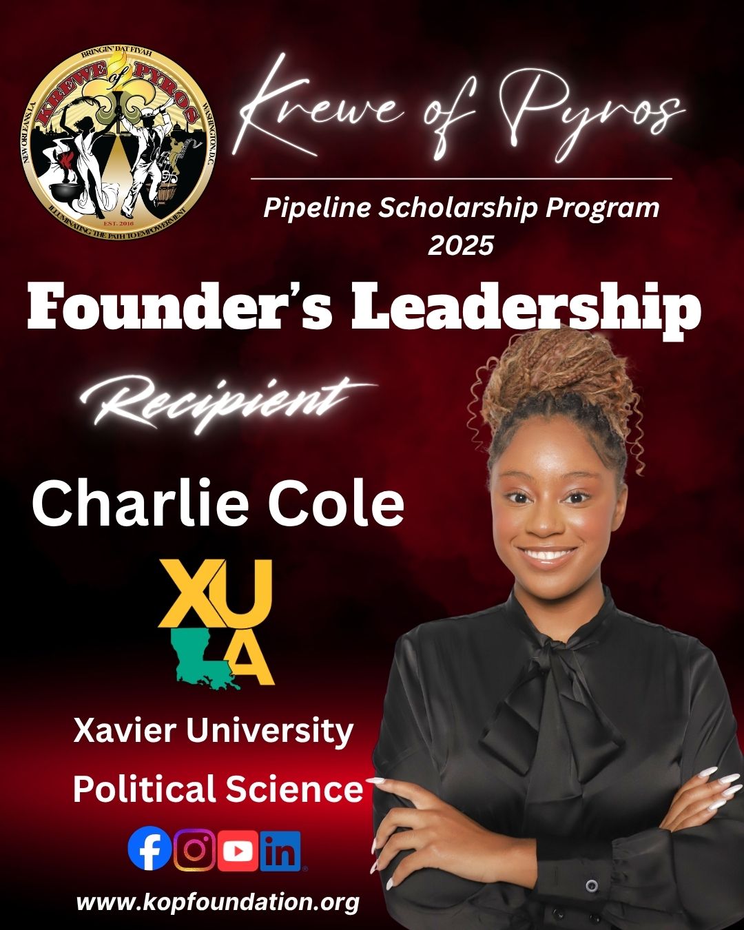 2025 Founder's Leadership Scholarship recipient Charlie Cole, Xavier University, Political Science
