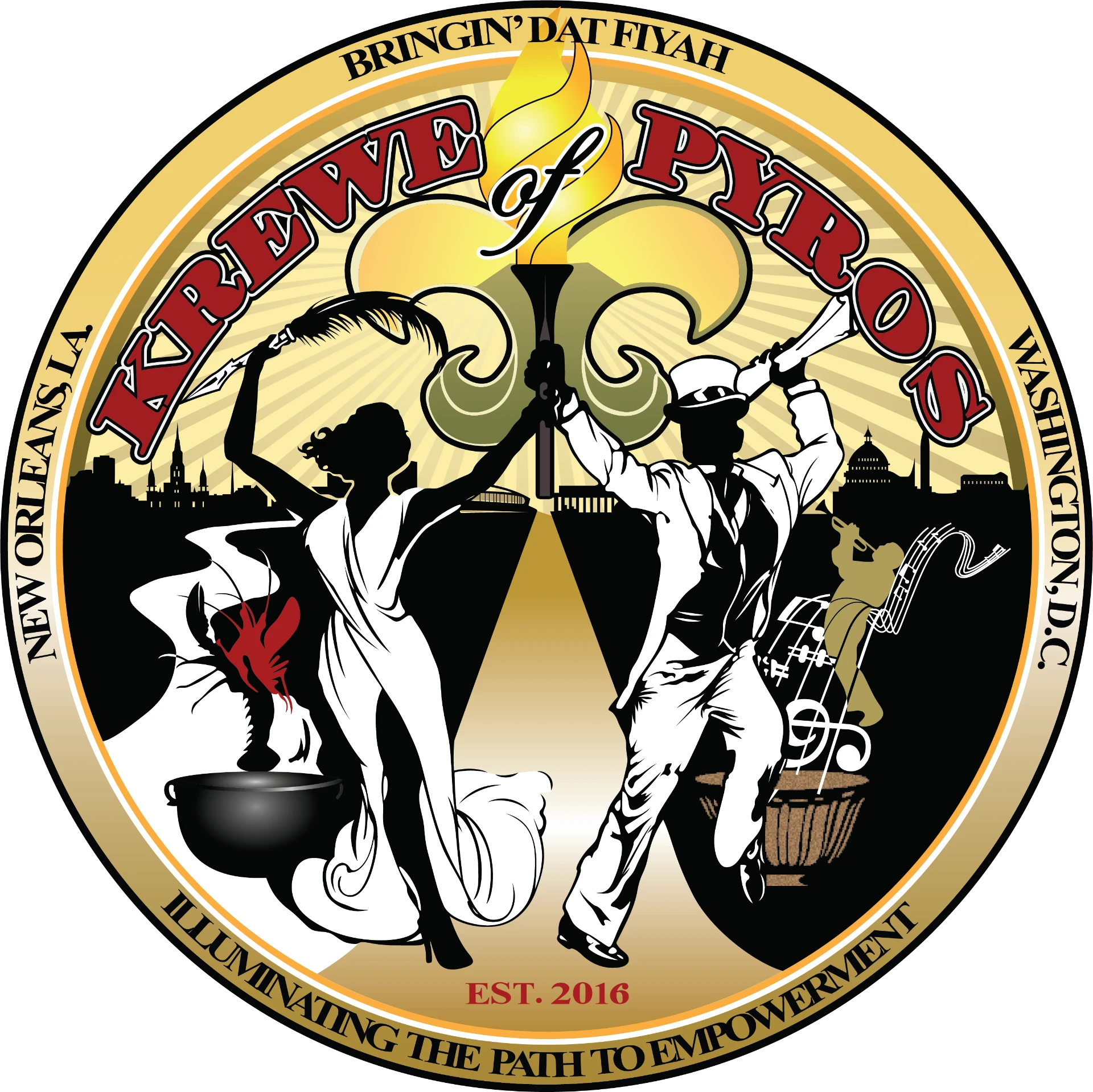 Krewe of Pyros circular seal reading 'Bringin' Dat Fiyah' and 'Illuminating the Path to Empowerment', with dancers, a brass musician, and a flaming fleur-de-lis torch between the New Orleans and Washington, D.C. skylines