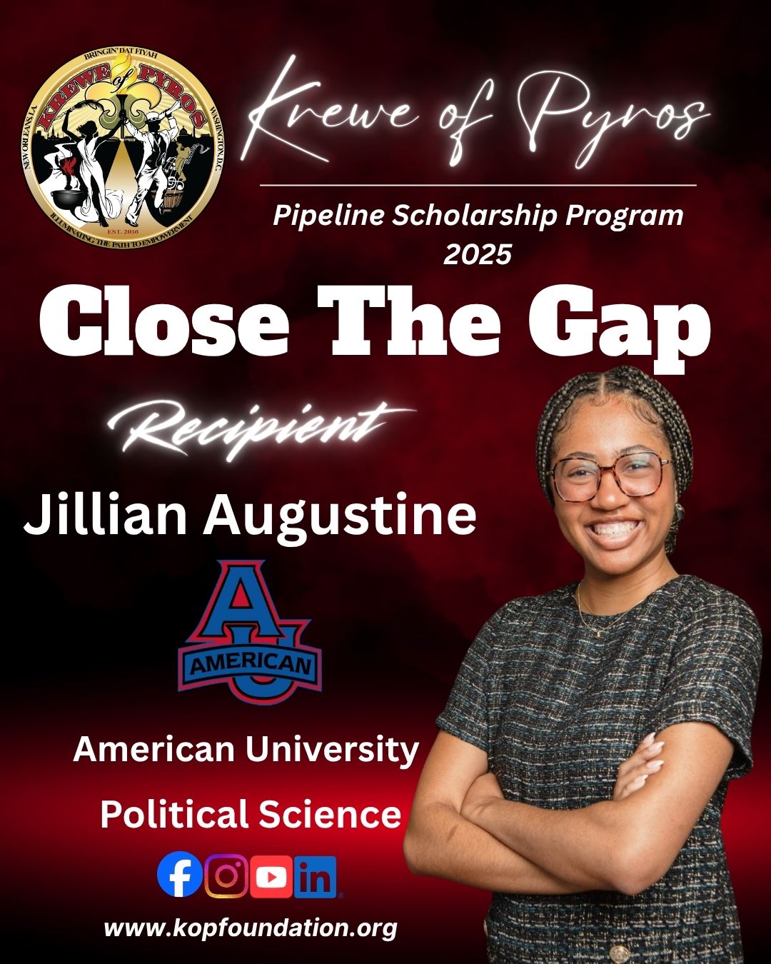 2025 Close the Gap Scholarship recipient Jillian Augustine, American University, Political Science