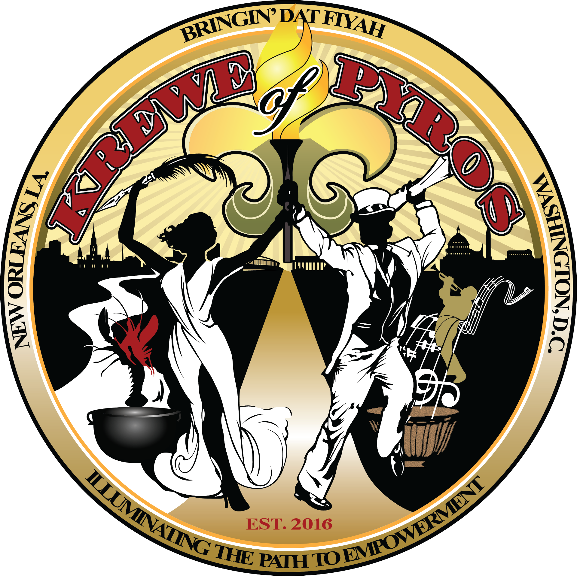 Krewe of Pyros fleur-de-lis flame emblem