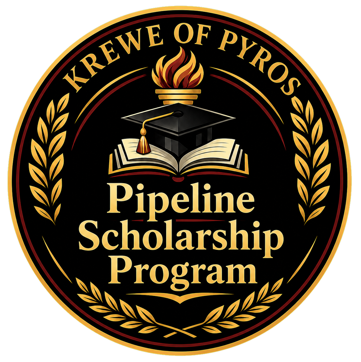 Krewe of Pyros Pipeline Scholarship Program seal: a gold laurel wreath encircling a flaming torch, graduation cap, and open book