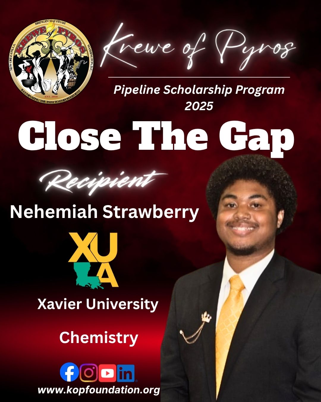 2025 Close the Gap Scholarship recipient Nehemiah Strawberry, Xavier University, Chemistry