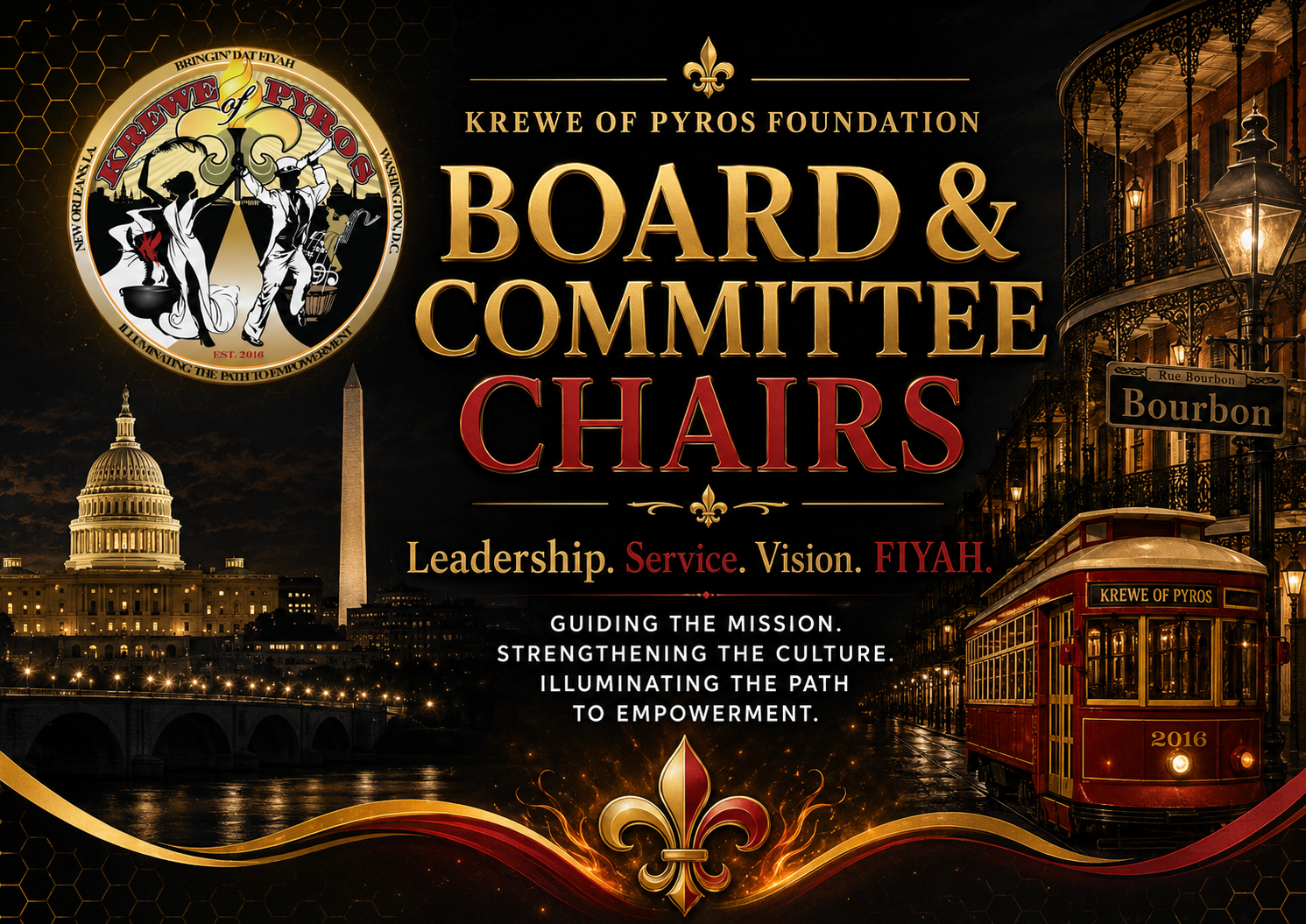 Krewe of Pyros Foundation Board and Committee Chairs graphic featuring Washington, D.C. and New Orleans imagery.