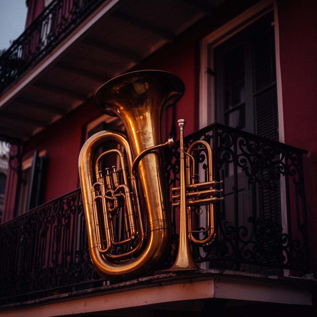 Brass instruments on a New Orleans French Quarter balcony at dusk